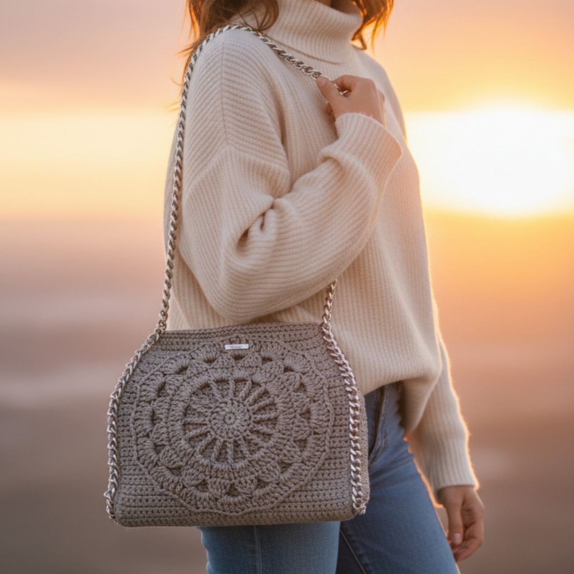 Ολόπλεκτη τσάντα γκρι με μοτίφ πλεκτό λουλούδι