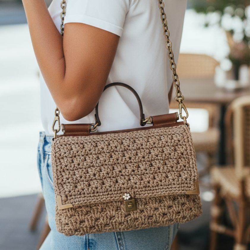 Custommade - Πλεκτή τσάντα μπεζ με ταμπά χεράκι