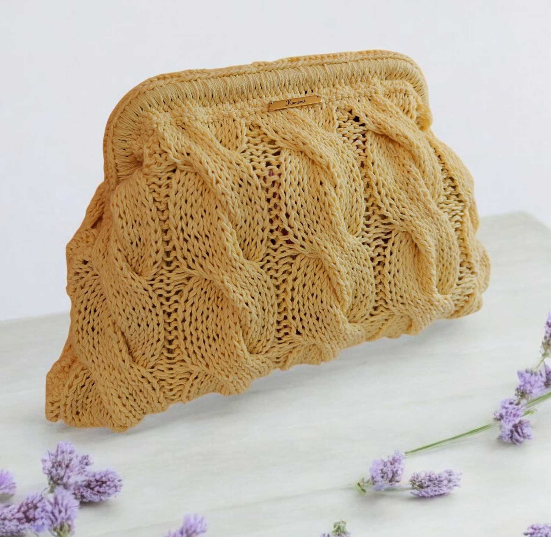 Custommade - Oλόπλεκτο τσαντάκι pochette παλ κίτρινο με σχέδιο κοτσίδες