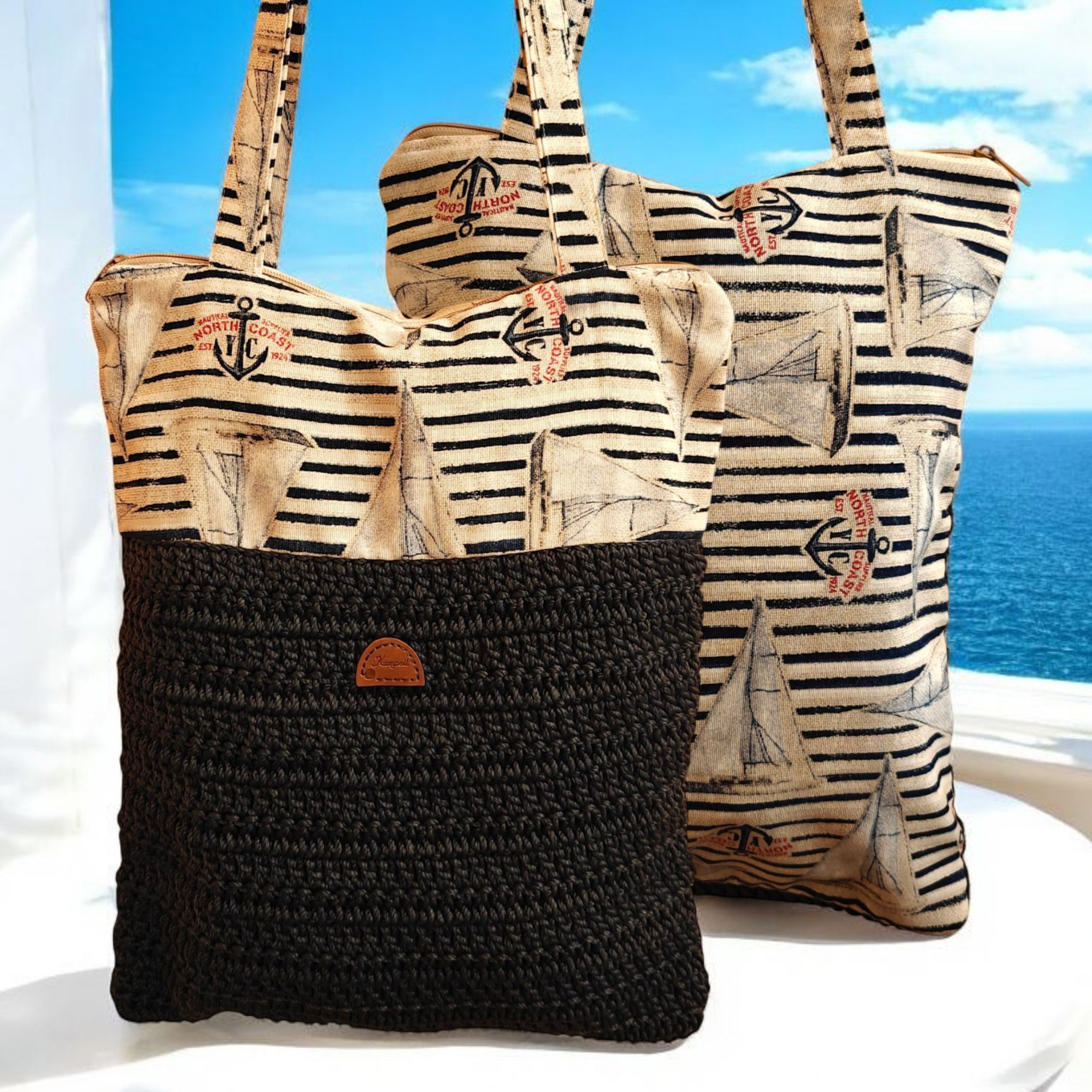 Χειροποίητη τσάντα θαλάσσης μπλε σε συνδυασμό με ύφασμα