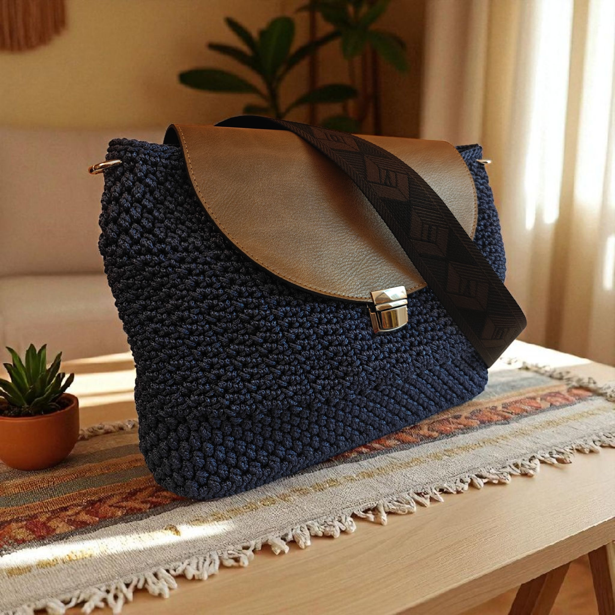 Custommade - Πλεκτή τσάντα μπλε τζιν με καφέ καπάκι & ιμάντα