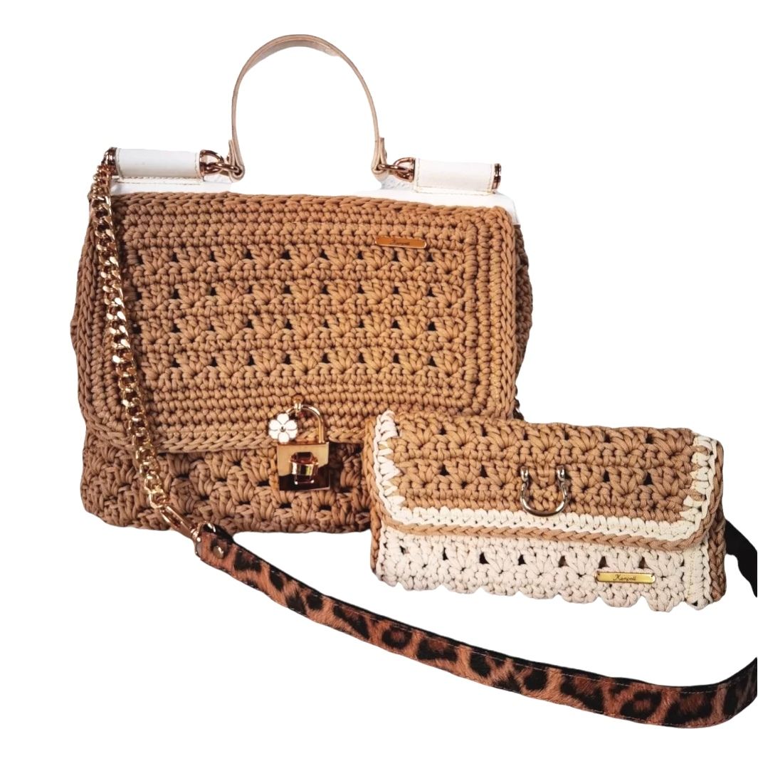 Custommade : "Ραφαέλα" Καμελ τσάντα με δερμάτινο χεράκι λευκό & λουρί leopard