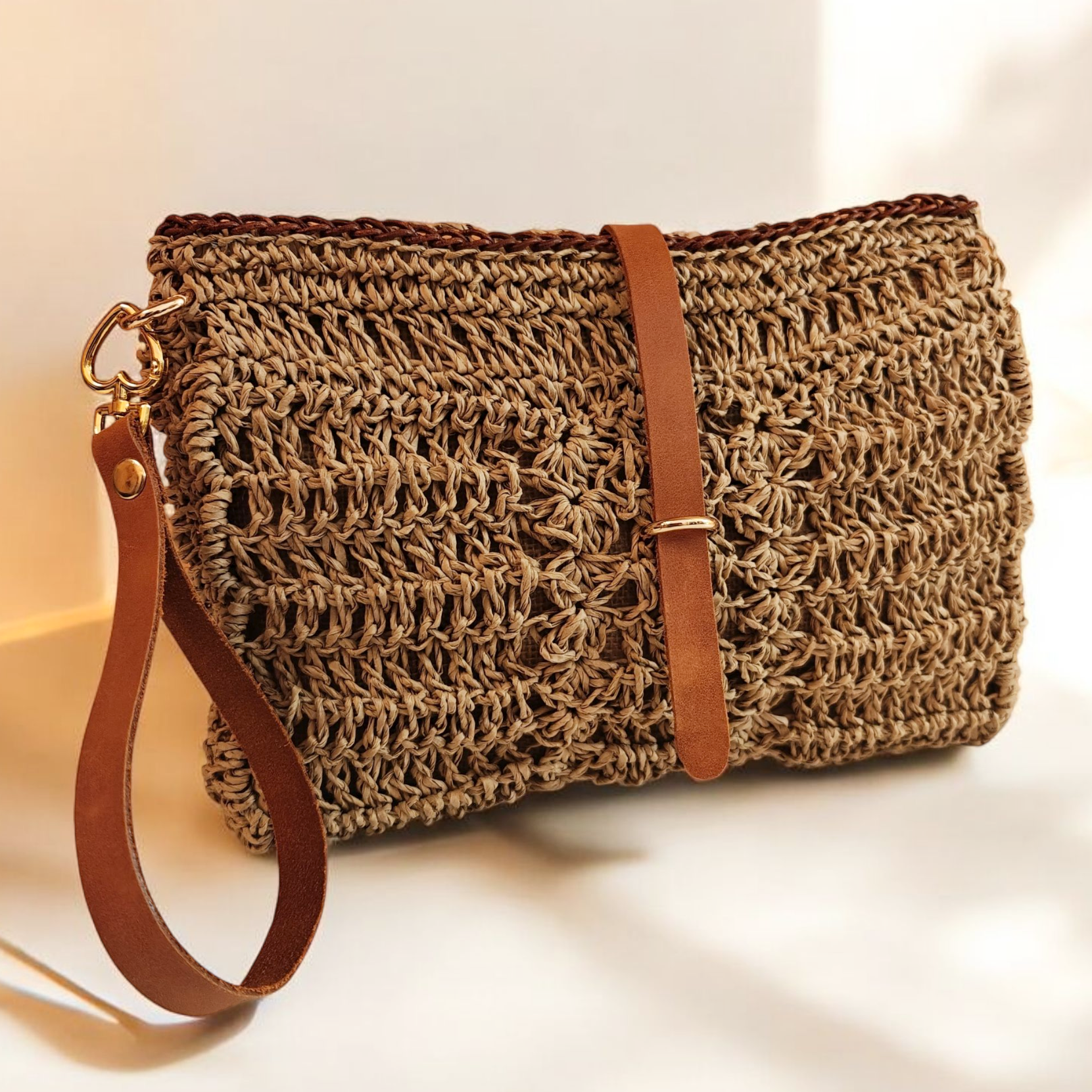 Ολόπλεκτο ψάθινο τσαντάκι με δερμάτινο χεράκι καρπού