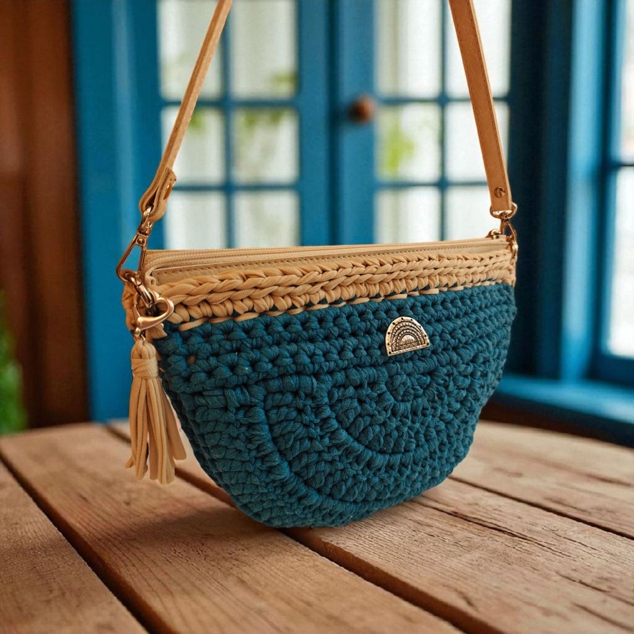 Τσαντάκι "halfmoon" γαλάζιο-εκρού με δερμάτινο eco φερφουάρ