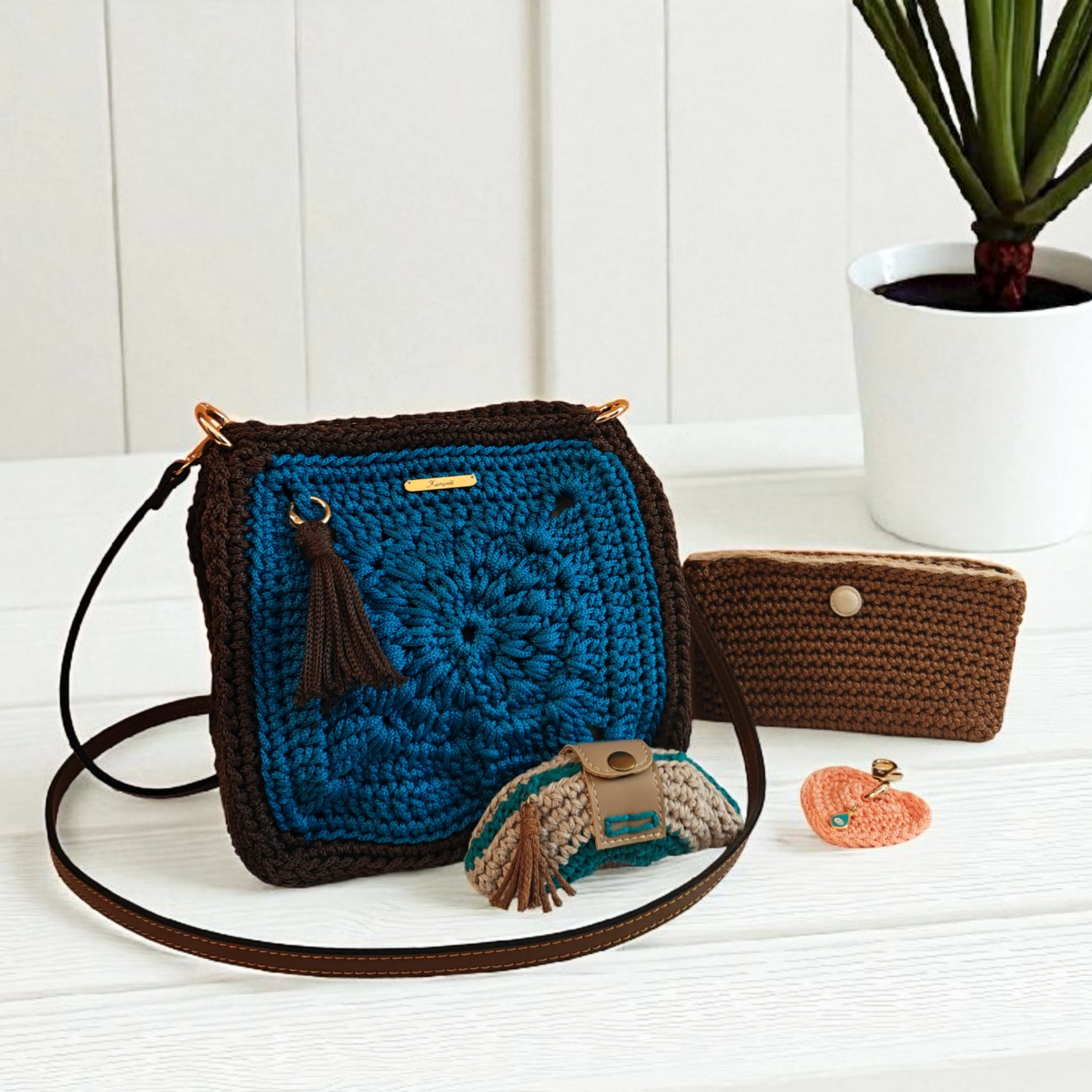 Custommade Σετ: Τσαντάκι - Πορτοφόλι & Πορτοφολάκι τυρκουάζ-καφέ