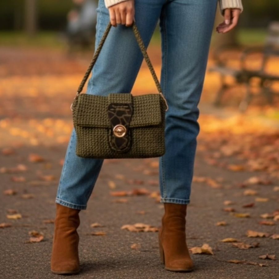 Ολόπλεκτο λαδί τσαντάκι με πλεκτό χεράκι